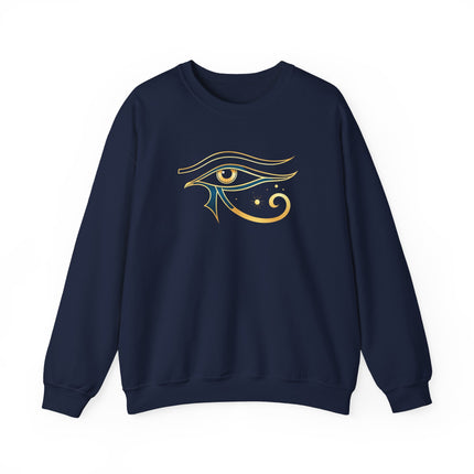 Eye of Horus ancient Egyptian symbol printed on a pullover graphic sweatshirt.