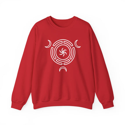 White Hecate Triple Goddess Moon Wheel symbol on a red pagan witchcraft sweatshirt.