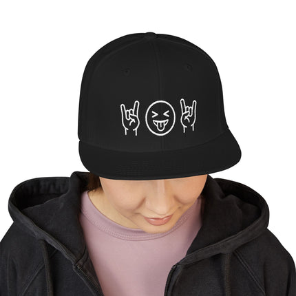 Black snapback hat with embroidered rock hand sign and emoji graphic.