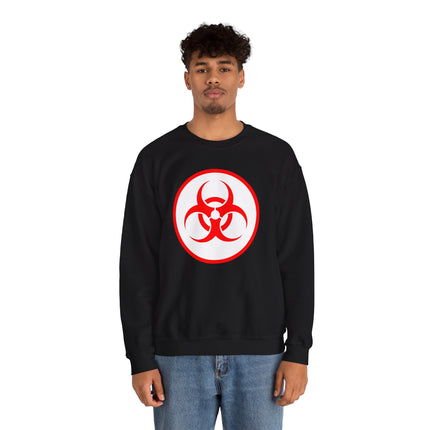 Black graphic sweatshirt with a bold red biohazard warning symbol.