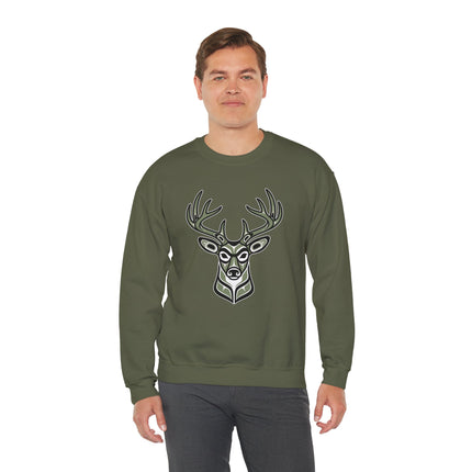 Indigenous Pacific Northwest tribal deer head art graphic on a green pullover sweatshirt.