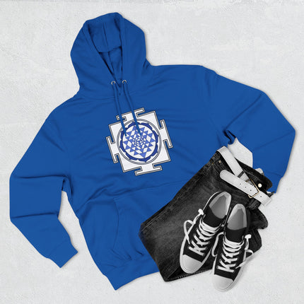 Blue hoodie featuring the Sri Yantra sacred geometry symbol, representing Hindu cosmic harmony.