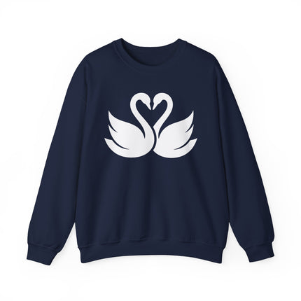 Minimalist white swans forming a heart on a navy blue love birds sweatshirt.