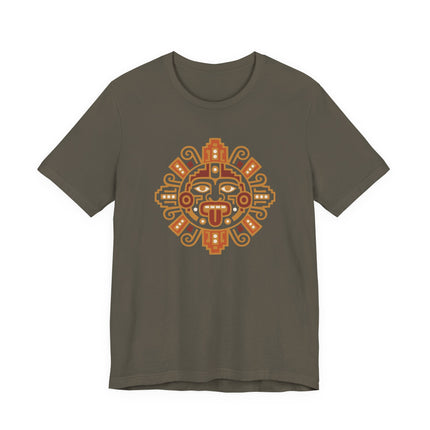 Mayan Sun T-Shirt | Rust and Gold Geometric Face with Rays Tee