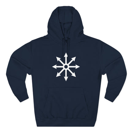 Navy hoodie featuring the white Chaos Star symbol graphic.