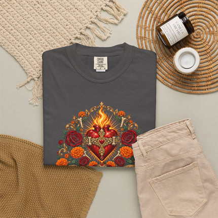 Vida y Muerte T-Shirt | Flaming Heart, Skull and Floral Artwork