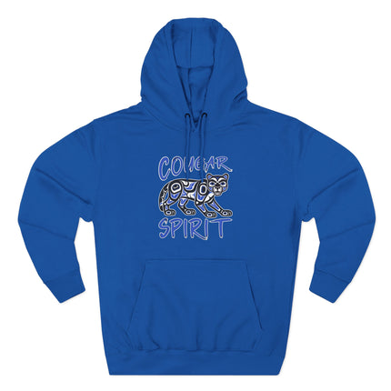 Cougar Spirit mountain lion graphic on a blue pullover hoodie featuring indigenous art.