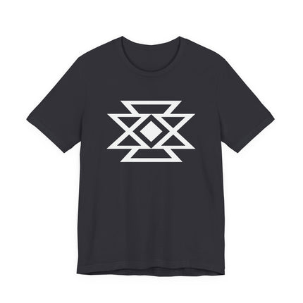 Black t-shirt featuring a white geometric butterfly symbol graphic design.
