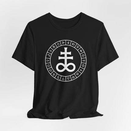 Black t-shirt with occult alchemical symbol and esoteric glyphs design.
