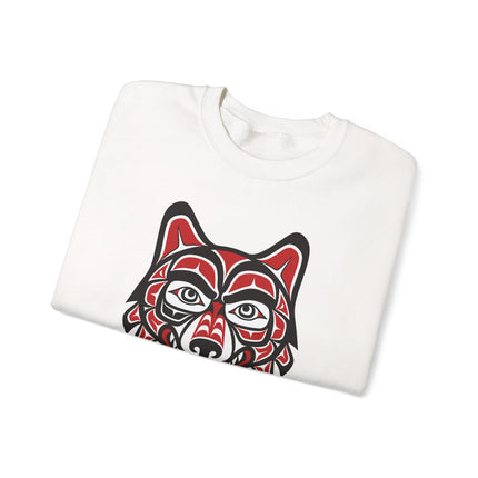 Tribal wolf spirit graphic pullover sweatshirt featuring Native American indigenous artwork.