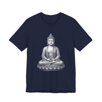 Meditating Buddha graphic on a lotus flower, symbolizing peace, zen, and spiritual enlightenment.