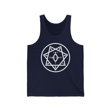 Babalon Star of Babalon heptagram symbol on a dark occult tank top.