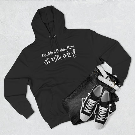 Om Mani Padme Hum mantra hoodie featuring Sanskrit script for spiritual Buddhist apparel.