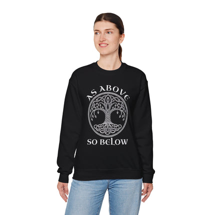 Black sweatshirt featuring a Celtic Tree of Life knotwork design and "As Above So Below" text.
