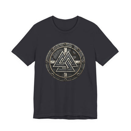 Norse Valknut symbol graphic on a dark t-shirt, featuring the ancient Odin symbol of Asgard.