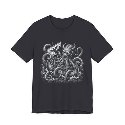 Viking vs. Kraken sea monster battle graphic tee, Norse mythology fantasy art illustration.