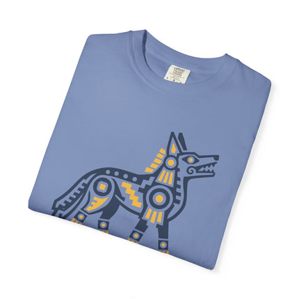 Aztec Coyote T-Shirt | Teal and Blue Geometric Animal Illustration Tee