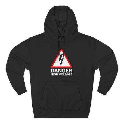 High Voltage Danger warning sign graphic on a black hoodie.