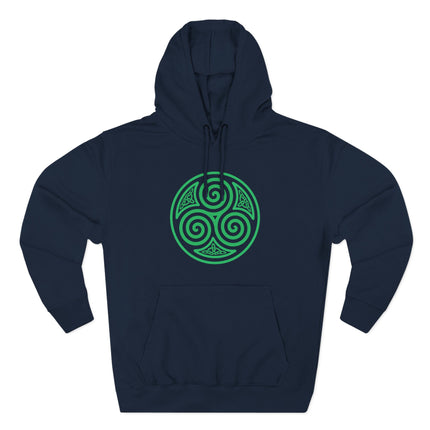 Dark blue hoodie featuring a green Celtic triskelion triple spiral symbol design.