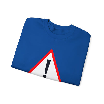 Black pullover sweatshirt featuring a bold danger warning sign graphic with an exclamation mark.