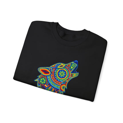 Rainbow wolf howling tribal art sweatshirt featuring colorful Huichol geometric patterns and rainbow accents.
