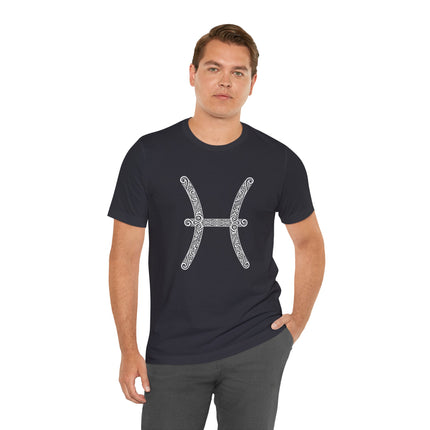 Tribal Pisces zodiac symbol t-shirt featuring ornate astrology art.
