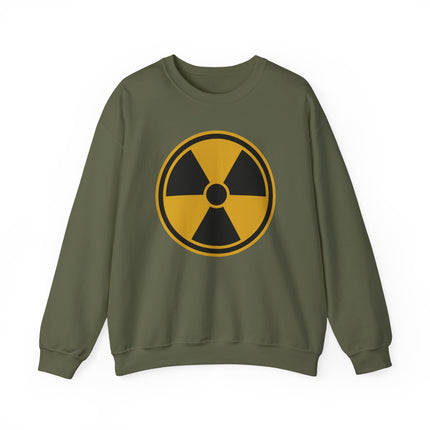 Unisex olive sweatshirt featuring a yellow radiation hazard symbol graphic.