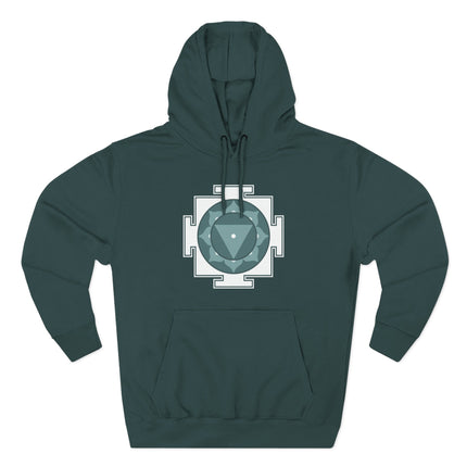 Sacred geometry yantra symbol graphic on a dark hoodie, representing spiritual energy.