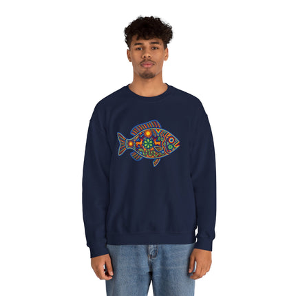 Navy sweatshirt featuring a colorful Huichol Mexican folk art fish design.