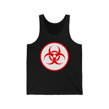 Black tank top featuring a red biohazard warning symbol graphic.