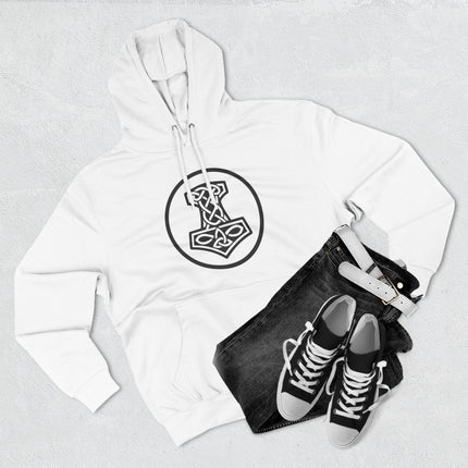 Viking knotwork graphic on white hoodie, featuring Mjolnir and Norse mythology symbols.