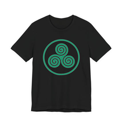 Celtic triskele symbol graphic tee with a green triple spiral knot design.