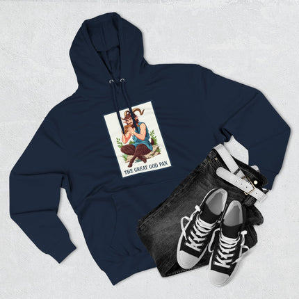 Great God Pan satyr graphic print, featuring Greek mythology art on a navy hoodie.