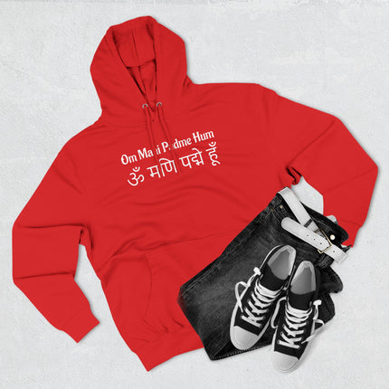Red Om Mani Padme Hum mantra hoodie featuring Sanskrit and Devanagari script.
