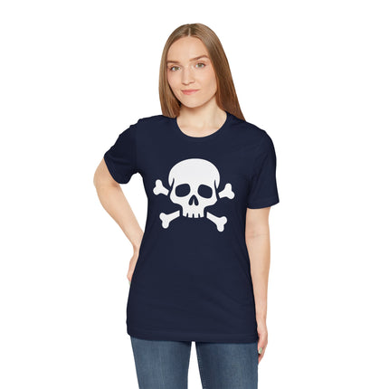 Skull and crossbones graphic on a dark navy unisex t-shirt.