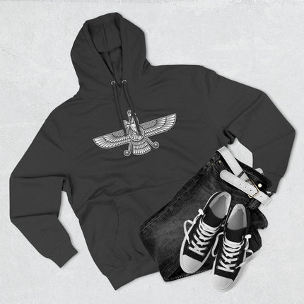 Zoroastrian Faravahar symbol graphic on a black pullover hoodie.
