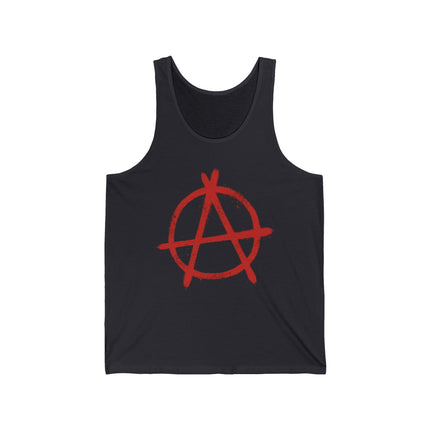Black tank top featuring a red anarchy symbol graphic. Punk anti-establishment streetwear apparel.