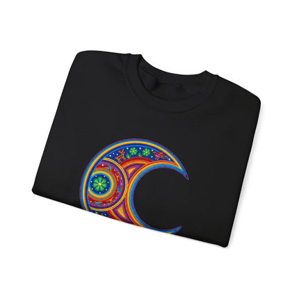 Huichol Moon Crescent Art Sweatshirt with vibrant indigenous cultural designs pullover.