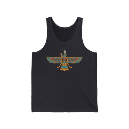 Faravahar symbol graphic on a black tank top, celebrating Zoroastrian Persian cultural heritage.
