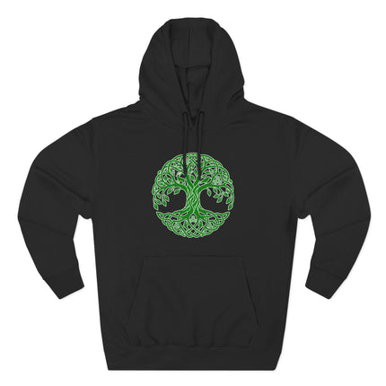 Intricate green Celtic Tree of Life knotwork design on a black hoodie.