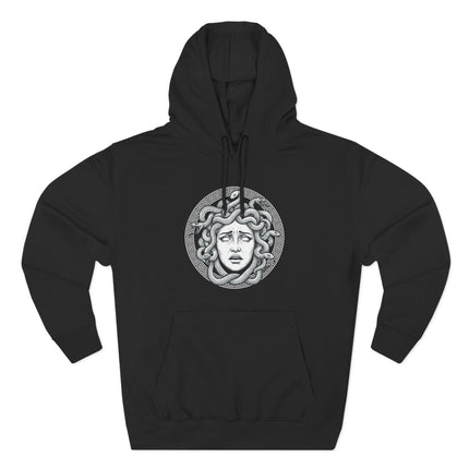 Medusa Gorgon graphic hoodie featuring snakes and a detailed Greek key pattern.