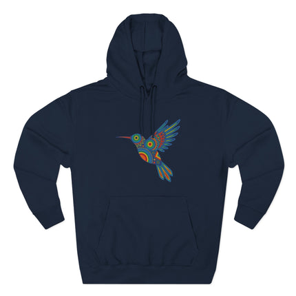 Colorful Huichol hummingbird graphic on a dark blue indigenous art hoodie.