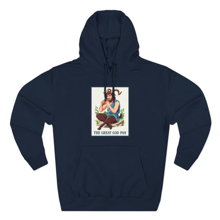 The Great God Pan satyr graphic on a dark hoodie. Greek mythology art print featuring the woodland deity.