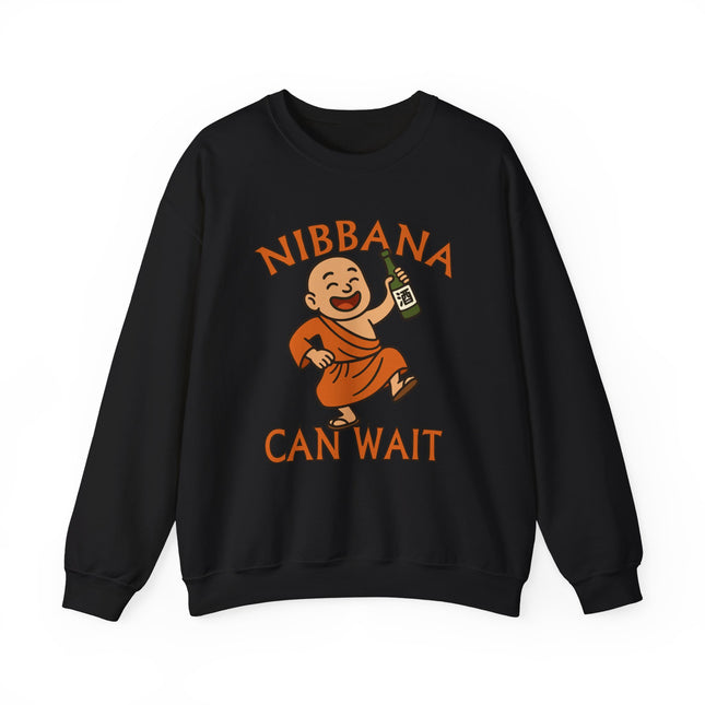 Cartoon monk drinking beer on a black sweatshirt, featuring the text "Nibbana Can Wait.