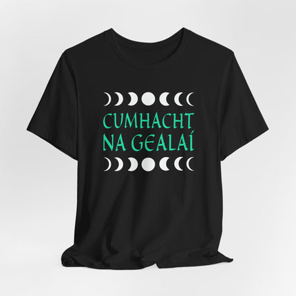 Irish "Power of the Moon" t-shirt design featuring the lunar cycle and Cumhacht na Gealaí text.