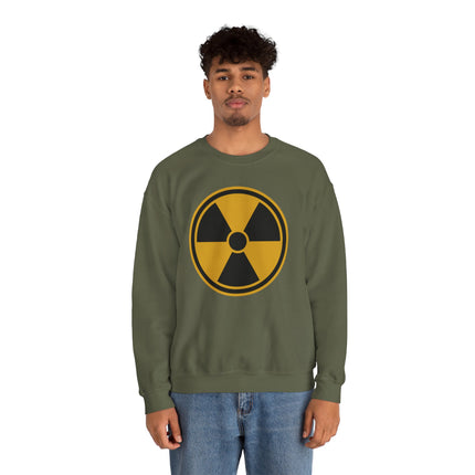 Green sweatshirt featuring a yellow radiation hazard symbol graphic.