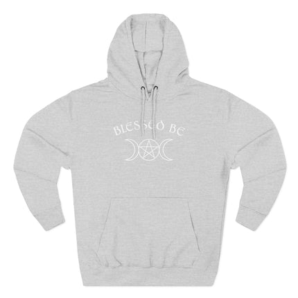 Unisex gray hoodie featuring "Blessed Be" text and a triple moon goddess pentagram symbol.