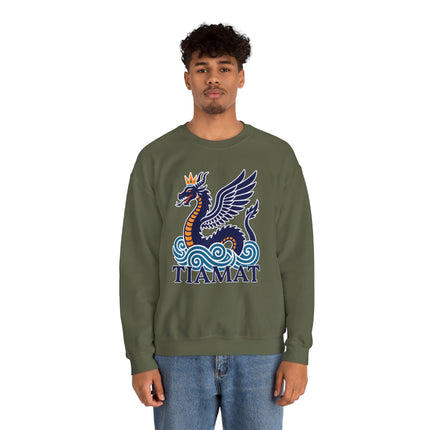 Tiamat winged dragon graphic on a green sweatshirt, depicting Mesopotamian mythology art.