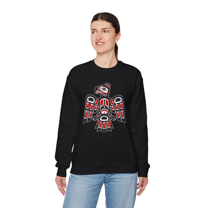 Raven and Thunderbird Formline Art graphic on black sweatshirt. Pacific Northwest indigenous style.