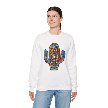 Colorful Huichol cactus art graphic on a white pullover sweatshirt.